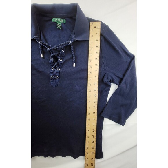 Vtg Lauren Ralph Lauren Womens Ribbed Navy Blue Polo Shirt Lace Up Front Size XL - Picture 5 of 6